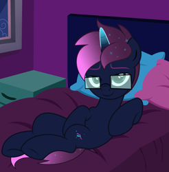 Size: 3547x3600 | Tagged: safe, artist:ramixe dash, imported from derpibooru, oc, oc only, oc:osiris eclipse, pony, unicorn, base used, bed, bedroom, colored horn, g5, g5 to g4, generation leap, glasses, horn, looking at you, male, pillow, smiling, smiling at you, solo, stallion