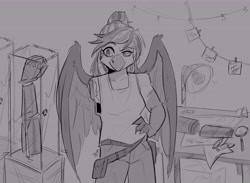 Size: 8500x6228 | Tagged: safe, artist:alisonandhope, imported from derpibooru, oc, oc only, anthro, griffon, hippogriff, commission, display case, female, gray background, grayscale, hand on hip, interspecies offspring, magical lesbian spawn, missing limb, monochrome, offspring, parent:gilda, parent:rainbow dash, parents:gildash, robotic arm, simple background