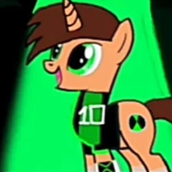 Size: 414x414 | Tagged: safe, imported from derpibooru, pony, unicorn, ben 10, brown hair, cutie mark, green eyes, horn, open mouth, ponified, solo