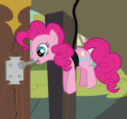 Size: 427x399 | Tagged: safe, imported from derpibooru, pinkie pie, earth pony, pony, animated, bolt, bouncing, cutie mark, female, full body, gif, mare, mouth hold, solo, wrench