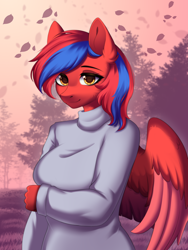 Size: 1716x2286 | Tagged: safe, artist:alunedoodle, imported from derpibooru, oc, oc only, oc:ivory flare, anthro, pegasus, pony, bust, clothes, colored wings, female, folded wings, portrait, solo, sweater, two toned mane, two toned wings, wings