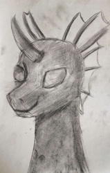 Size: 1221x1920 | Tagged: safe, artist:kujivunia, imported from derpibooru, changeling, bust, charcoal (medium), portrait, sketch, smiling, solo, traditional art