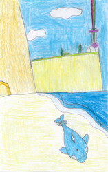 Size: 1539x2454 | Tagged: safe, artist:nitro indigo, imported from derpibooru, fanfic:all the smallest things, beach, beached whale, cliffs, crystal brighthouse, fanfic art, finizen, maretime bay, ocean, pencil drawing, pokémon, rainbow, solo, traditional art, water