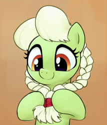 Size: 1499x1753 | Tagged: safe, artist:whiskeypanda, imported from derpibooru, granny smith, earth pony, pony, blushing, braid, bust, female, gradient background, looking down, mare, playing with hair, smiling, solo, young granny smith, younger