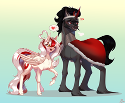 Size: 3541x2908 | Tagged: safe, artist:honeybbear, imported from derpibooru, king sombra, oc, pegasus, pony, unicorn, canon x oc, duo, duo male and female, female, gradient background, horn, male, pegasus oc, tsundere, wings