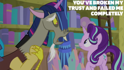 Size: 2000x1125 | Tagged: safe, edit, edited screencap, editor:quoterific, imported from derpibooru, screencap, discord, starlight glimmer, a matter of principals, bookshelf, duo, duo male and female, female, ladder, male, school of friendship, twilight wig, wig