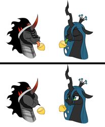 Size: 1600x1936 | Tagged: safe, artist:thescornfulreptilian, imported from derpibooru, king sombra, queen chrysalis, changeling, changeling queen, umbrum, curved horn, duo, duo male and female, eyes closed, female, floppy ears, food, horn, lemon, lemon meme, licking, looking at someone, male, meme, simple background, stallion, tongue out, white background