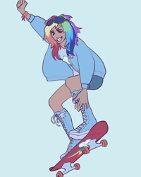 Size: 1440x1800 | Tagged: safe, artist:broniesforponies, imported from derpibooru, rainbow dash, human, blue background, clothes, female, grin, humanized, jacket, lesbian pride flag, multicolored hair, pin, pride, pride flag, rainbow hair, simple background, skateboard, smiling, solo