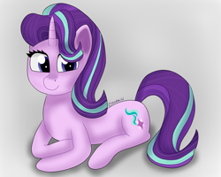 Size: 5000x4000 | Tagged: safe, artist:cloudmild, imported from derpibooru, starlight glimmer, pony, unicorn, big eyes, cute, female, gray background, horn, mare, resting, simple background, smiling, solo