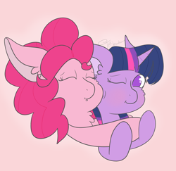 Size: 3092x3000 | Tagged: safe, artist:tkshoelace, imported from derpibooru, pinkie pie, twilight sparkle, earth pony, pony, unicorn, chest fluff, duo, duo female, ear fluff, female, horn, hug, hug from behind, lesbian, shipping, simple background, twinkie