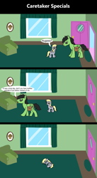Size: 1920x3516 | Tagged: safe, artist:platinumdrop, imported from derpibooru, derpy hooves, oc, oc:anon, oc:anon stallion, pegasus, pony, comic:caretaker specials, series:caretaker, -food, 3 panel comic, alone, annoyed, bag, blank flank, caretaker, comic, commission, couch, crying, curtains, cute, dialogue, door, duo, excited, female, filly, filly derpy, floppy ears, foal, food, front door, frown, furniture, home, ignoring, indoors, living room, looking at each other, looking at someone, looking down, male, muffin, open door, open mouth, painting, picture frame, room, sad, saddle bag, series, sitting, smiling, solo, speech bubble, spread wings, stallion, talking, tears of sadness, teary eyes, walking, window, wings, younger