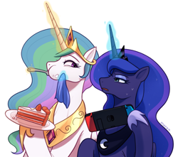 Size: 3307x2922 | Tagged: safe, artist:maren, imported from derpibooru, princess celestia, princess luna, twilight sparkle, alicorn, pony, cake, commission, duo, duo male and female, eating, eyeshadow, female, food, fork, glowing, glowing horn, hoof shoes, horn, jewelry, makeup, male, mare, nintendo switch, open mouth, plate, regalia, royal sisters, siblings, sisters, twilight sparkle (alicorn)