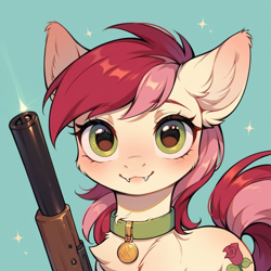 Size: 1024x1024 | Tagged: safe, imported from derpibooru, roseluck, pony, ai content, ai generated, collar, cute, fangs, fluffy, generator:pony diffusion v6 xl, generator:stable diffusion, gun, looking at you, pet tag, pony pet, prompter:doom9454, rosepet, shotgun, weapon