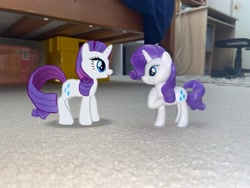 Size: 4032x3024 | Tagged: safe, imported from derpibooru, rarity, unicorn, 3d, 3d model, augmented reality, chair, desk, floor, gameloft, horn, irl, looking at each other, looking at someone, my little pony: magic princess, photo, self paradox