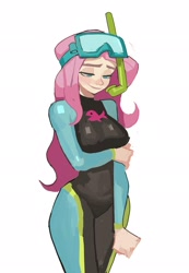 Size: 1414x2048 | Tagged: safe, artist:hyung7754, imported from derpibooru, fluttershy, human, equestria girls, absurd resolution, arm under breasts, breasts, busty fluttershy, clothes, dive mask, female, fluttershy's wetsuit, goggles, looking down, simple background, snorkel, solo, stupid sexy fluttershy, swimsuit, wetsuit, white background