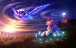 Size: 4608x2941 | Tagged: safe, artist:itssim, imported from derpibooru, sunny starscout, twilight sparkle, alicorn, earth pony, pony, duo, duo female, female, flying, g5, lighthouse, ocean, sunny and her heroine, twilight sparkle (alicorn), water, watermark