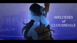 Size: 1920x1080 | Tagged: artist needed, safe, imported from derpibooru, octavia melody, earth pony, pony, cloudsdale, eyes closed, musical instrument, rain, solo, violin
