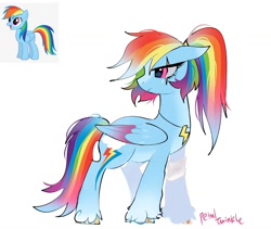 Size: 1440x1214 | Tagged: safe, artist:petaltwinkle, imported from derpibooru, rainbow dash, pegasus, pony, alternate design, alternate hairstyle, alternate mane color, alternate tail color, blaze (coat marking), blue coat, coat markings, colored belly, colored eartips, colored hooves, colored wings, colored wingtips, eye scar, eyelashes, facial markings, facial scar, female, floppy ears, folded wings, frown, gradient wings, jewelry, long mane, long tail, mare, multicolored hair, multicolored mane, multicolored tail, narrowed eyes, necklace, pale belly, pink eyes, ponytail, profile, rainbow dash is not amused, rainbow hair, rainbow tail, scar, shiny eyes, signature, simple background, socks (coat markings), solo, standing, tail, tied mane, two toned wings, unamused, unshorn fetlocks, vector, white background, wingding eyes, wings