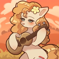 Size: 1536x1535 | Tagged: safe, artist:mugitya012, imported from derpibooru, pear butter, earth pony, pony, cloud, female, grass, guitar, mare, musical instrument, solo