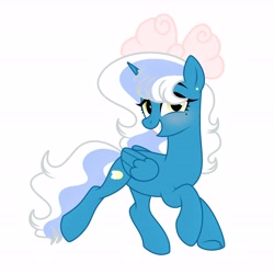 Size: 6890x6890 | Tagged: safe, artist:riofluttershy, imported from derpibooru, oc, oc only, oc:fleurbelle, alicorn, pony, alicorn oc, blushing, bow, ear piercing, earring, female, hair bow, horn, jewelry, mare, piercing, simple background, solo, white background, wings, yellow eyes