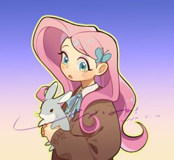 Size: 1024x942 | Tagged: safe, artist:zhou6286, imported from derpibooru, fluttershy, human, rabbit, animal, blushing, gradient background, humanized, open mouth