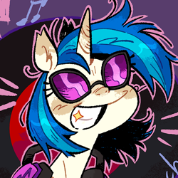 Size: 1080x1080 | Tagged: safe, artist:batzy-artz, imported from derpibooru, dj pon-3, vinyl scratch, pony, unicorn, abstract background, blue mane, blush scribble, blushing, bust, colored eartips, cropped, ear tufts, emanata, female, headphones, horn, mare, music notes, outline, record, shiny mane, smiling, solo, two toned mane, unicorn horn, vinyl's headphones, white coat, wide smile, zoomed in