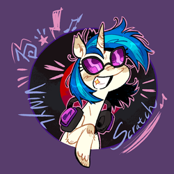 Size: 1080x1080 | Tagged: safe, artist:batzy-artz, imported from derpibooru, dj pon-3, vinyl scratch, pony, unicorn, blue mane, blue text, blush scribble, blushing, bust, colored eartips, colored hooves, ear tufts, emanata, female, headphones, horn, long neck, mare, music notes, outline, purple background, raised hoof, record, shiny mane, simple background, smiling, solo, text, two toned mane, unicorn horn, unshorn fetlocks, vinyl's headphones, white coat, wide smile