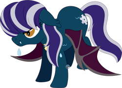 Size: 2400x1729 | Tagged: safe, artist:pure-blue-heart, imported from derpibooru, oc, oc only, oc:heartfang, bat pony, angry, bat wings, fangs, female, floppy ears, jewelry, mare, necklace, simple background, transparent background, two toned mane, wet, wet mane, wings