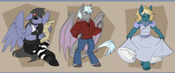 Size: 1280x538 | Tagged: safe, artist:cosmalumi, imported from derpibooru, oc, oc only, anthro, pegasus, unguligrade anthro, pegasus oc, trio, wings