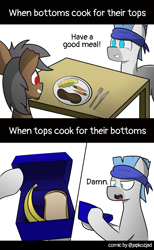 Size: 4120x6682 | Tagged: safe, artist:japkozjad, imported from derpibooru, oc, oc only, oc:hammerhead, oc:long shores, pony, angry, banana, bread, carrot, comic, food, fork, happy, homosexuality, knife, lunchbox, male, mashed potatoes, meat, plate, pony oc, potato, simple background, smiling, stallion, text, white background