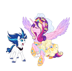 Size: 1600x1577 | Tagged: safe, artist:nazalik, imported from derpibooru, princess cadance, shining armor, alicorn, pony, unicorn, blushing, bowtie, clothes, colored wings, dress, duo, eyes closed, female, gradient wings, heart, heart eyes, height difference, horn, horn ring, horns, jewelry, looking at each other, looking at someone, makeup, male, meme, messy mane, missing cutie mark, ring, ruffles, shine, shiningcadance, shipping, simple background, smiling, smiling at each other, spread wings, straight, suit, the bride and the ugly ass groom, transparent background, unshorn fetlocks, veil, wedding dress, wedding rings, wedding veil, wingding eyes, wings