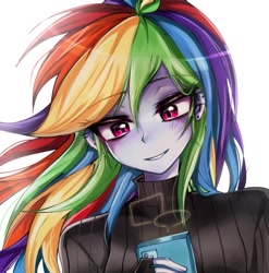 Size: 1012x1024 | Tagged: safe, artist:pulse, imported from derpibooru, rainbow dash, human, equestria girls, cellphone, clothes, female, phone, simple background, smiling, solo, sweater, turtleneck, white background