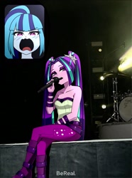 Size: 1411x1898 | Tagged: safe, artist:nekojackun, imported from derpibooru, aria blaze, sonata dusk, human, equestria girls, bare shoulders, bereal., drum kit, drums, duo, duo female, female, meme, microphone, musical instrument, open mouth, pigtails, ponytail, screaming, screaming fan meme, singing, strapless, twintails