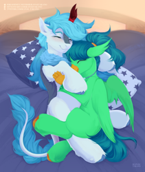 Size: 2536x3000 | Tagged: safe, artist:kanaetakano, artist:syu, imported from derpibooru, oc, oc only, oc:crystal rain, oc:frost flare, hippogriff, kirin, beak, bed, bedframe, bedroom, chest fluff, claws, cozy, cute, dawn, duo, ear fluff, eyes closed, fluffy, folded wings, high res, hippogriff oc, hooves, hug, hugging a pony, kirin oc, looking at each other, looking at someone, lying down, pillow, ponytail, relaxing, smiling, smiling at each other, snuggling, stars, sunset, wings