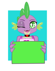 Size: 2975x3850 | Tagged: safe, anonymous editor, artist:saurian, edit, imported from twibooru, spike, dragon, apron, clothes, exploitable meme, femboy, femboy spike, holding sign, image, looking at you, male, meme, meme template, open smile, png, sign, simple background, solo, winking at you