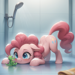 Size: 1024x1024 | Tagged: safe, derpibooru exclusive, imported from derpibooru, gummy, pinkie pie, alligator, earth pony, pony, :3, ai content, ai generated, cute, diapinkes, duo, face down ass up, female, floppy ears, generator:bluefox mix, generator:stable diffusion, looking at each other, looking at someone, male, mare, prompter:adorablebluefox, shower, sitting, smiling, soap, towel