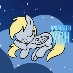 Size: 864x864 | Tagged: safe, artist:lannielona, imported from derpibooru, derpy hooves, pegasus, pony, :o, advertisement, animated, cloud, commission, eyes closed, female, folded wings, gif, mare, night, open mouth, resting, sky, sleeping, solo, underhoof, wings, your character here