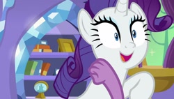 Size: 1920x1088 | Tagged: safe, imported from derpibooru, screencap, rarity, spike, dragon, pony, unicorn, dragon dropped, season 9, spoiler:s09, blue eyes, eyelashes, frame, horn, open mouth, purple hair, purple mane, raised hoof, smiling, white fur