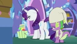 Size: 1920x1088 | Tagged: safe, imported from derpibooru, screencap, rarity, spike, dragon, unicorn, dragon dropped, season 9, spoiler:s09, disappointed, duo, duo focus, frame, frown, horn, purple mane, white fur