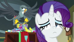 Size: 1920x1088 | Tagged: safe, imported from derpibooru, screencap, gabby, rarity, griffon, unicorn, dragon dropped, season 9, spoiler:s09, blinking, box, duo, duo female, duo focus, eyelashes, female, frame, frown, horn, post office