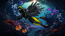 Size: 2048x1139 | Tagged: artist needed, safe, imported from derpibooru, oc, oc only, oc:shadow whip, anthro, fish, pegasus, bubble, castle, coral, coral reef, crepuscular rays, digital art, dive mask, diving, diving suit, dorsal fin, feather, fin, fins, fish tail, flippers (gear), flowing mane, flowing tail, goggles, high res, ocean, oxygen mask, oxygen tank, reef, rock, scales, scenery, scenery porn, scuba diving, scuba gear, seaweed, solo, spread wings, sunlight, swimming, tail, underwater, water, wings
