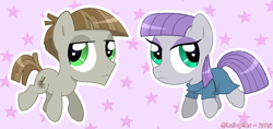 Size: 1098x518 | Tagged: safe, artist:lullapiies, imported from derpibooru, maud pie, mudbriar, earth pony, pony, clothes, duo focus, female, male, mare, maudbriar, shipping, signature, simple background, straight