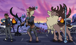 Size: 3750x2211 | Tagged: safe, artist:silvergriffin21, imported from derpibooru, deer, human, reindeer, them's fightin' herds, clothes, community related, eyes closed, fire, hoodie, human to deer, human to reindeer, male, open mouth, pants, ripped pants, shirt, shoes, smiling, stronghoof hoofstrong (tfh), torn clothes, torn shirt, transformation, transformation sequence
