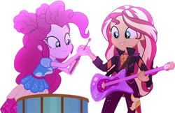 Size: 3882x2520 | Tagged: safe, edit, edited screencap, editor:homersimpson1983, imported from derpibooru, screencap, pinkie pie, sunset shimmer, human, equestria girls, background removed, female, musical instrument, not a vector