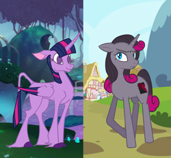 Size: 1998x1845 | Tagged: safe, artist:machiavellian1998, imported from derpibooru, fhtng th§ ¿nsp§kbl, twilight sparkle, alicorn, classical unicorn, pony, unicorn, them's fightin' herds, book, cloven hooves, colored hooves, colored wings, community related, duo, duo female, female, horn, leonine tail, no pupils, oleander (tfh), ponyville, show accurate, smiling, style emulation, style swap, twilight sparkle (alicorn), unshorn fetlocks, wings