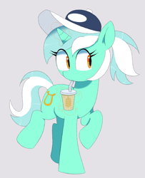 Size: 1467x1803 | Tagged: safe, artist:spoonie, lyra heartstrings, pony, unicorn, alternate hairstyle, baseball cap, cap, drink, gray background, hat, oat smoothie, ponytail, simple background, solo