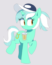 Size: 1467x1803 | Tagged: safe, artist:spoonie, lyra heartstrings, pony, unicorn, alternate hairstyle, baseball cap, cap, drink, drinking, female, gray background, hat, horn, magic, mare, oat smoothie, ponytail, raised hoof, simple background, smoothie, solo, telekinesis