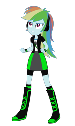 Size: 3300x5500 | Tagged: safe, artist:machakar52, imported from derpibooru, rainbow dash, human, elements of insanity, equestria girls, alternate cutie mark, alternate universe, boots, bracelet, clothes, frown, jacket, jewelry, rainbine, rainbine ears, shirt, shoes, simple background, skirt, socks, solo, transparent background