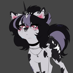 Size: 4680x4680 | Tagged: safe, artist:toxikil, imported from derpibooru, oc, oc:blitz chord, pony, unicorn, blushing, choker, coat markings, crying, ear piercing, earring, facial markings, freckles, horn, horn ring, industrial piercing, jewelry, necklace, nose piercing, piercing, ring, septum piercing, spotted, tail, tail ring, teary eyes, two toned mane, wingding eyes