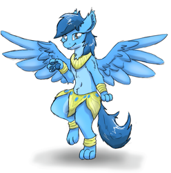 Size: 943x949 | Tagged: safe, artist:pzkratzer, imported from derpibooru, oc, oc only, oc:night cloud, semi-anthro, sphinx, aggie.io, belly button, belly dancer, belly dancer outfit, bipedal, clothes, female, paw pads, paws, sketch, smiling, solo, sphinx oc, spread wings, teeth, underpaw, wings